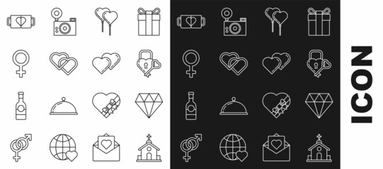 Set line Church building, Diamond, Castle the shape of heart and key, Balloons form with ribbon, Two Linked Hearts, Female gender symbol, coffee cup and icon. Vector