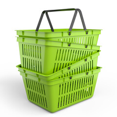 Stack of plastic basket from supermarket for online shopping on white background