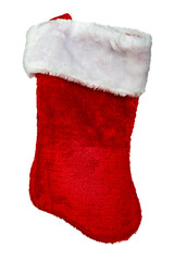 Obraz na płótnie Canvas Fake fur fuzzy red and white Christmas stocking isolated on white