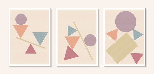 Set of abstract illustrations of triangles, circles and squares in pastel colors for wall decoration, postcard or brochure cover design.