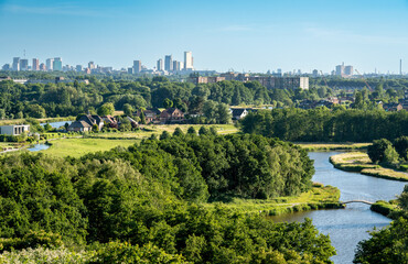 Skyline of Rotterdam seen from the hilltop at Hoge Bergse Bos recreational area
