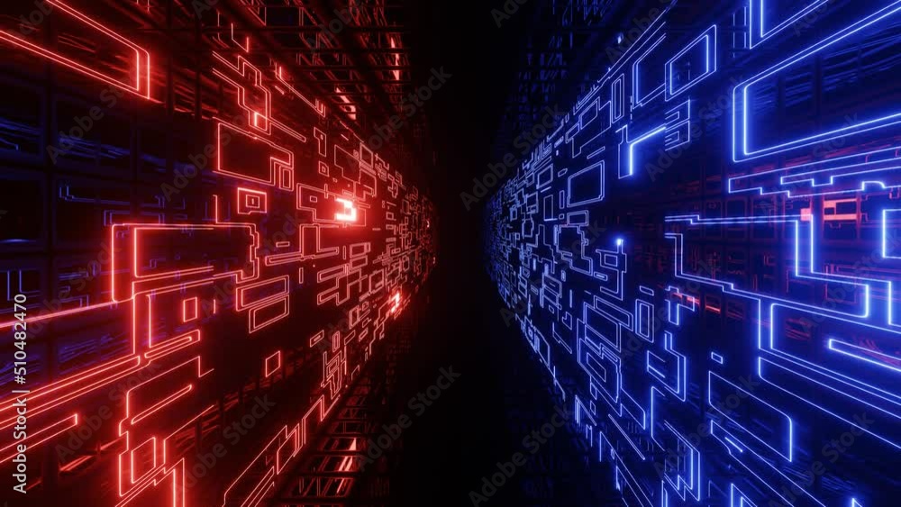 Poster hi-tech neon sci-fi tunel. trendy neon glow lines form pattern and construction in mirror tunnel. fl