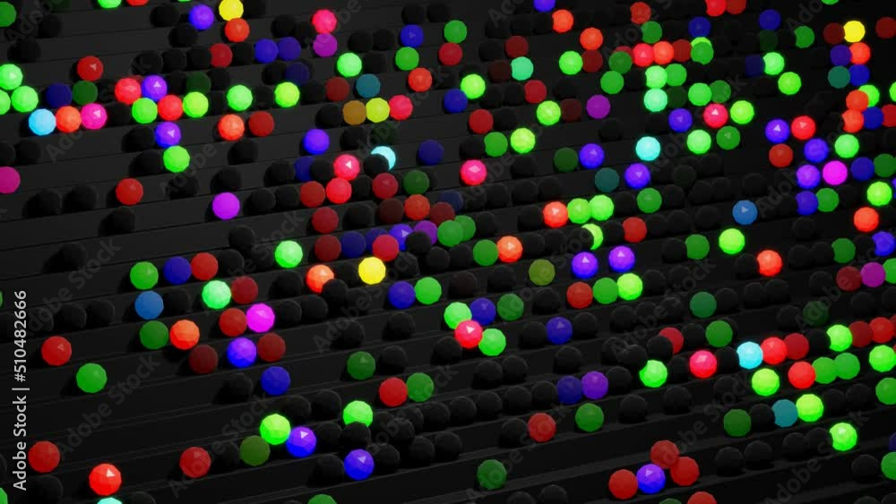 Poster 4k abstract looped background with spheres like bulbs or abstract garland. balls or spheres lie on s