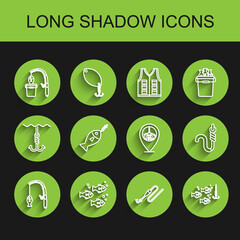 Set line Fishing rod and fish, line with hook float, under water, on, worm and Location fishing icon. Vector