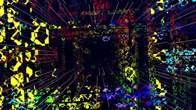 Motion graphic abstract colorful looped bg modern art, fly in art space, multilayer structure with pattern, glow particles and lines. Ornamental texture rainbow gradient color. Motion design vj loop.