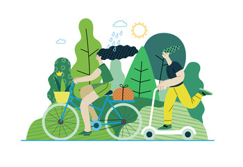 Ecology - Sustainable transport -Modern flat vector concept illustration of a young woman ridyng bycycle and a man on the scooter. Ecological transport metaphor. Creative landing web page illustartion - obrazy, fototapety, plakaty