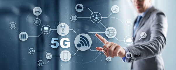 5G Network Wireless Internet concept. Man touching 3D icon 5G