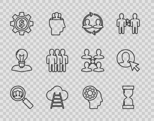 Set line Magnifying glass for search a people, Human resources, Ladder leading to cloud, Gear dollar symbol, Users group, head gear inside and of business suit icon. Vector