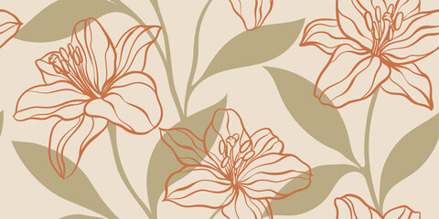 Seamless pattern of creative minimalist hand draw illustrations floral outline lily pastel biege simple shape for wall decoration, postcard or vintage brochure cover design - obrazy, fototapety, plakaty