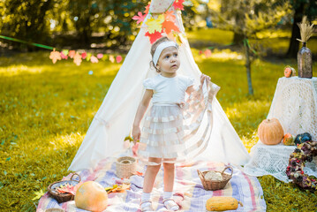 Little girl lying and playing in a tent, children's house wigwam in park Autumn portrait of cute curly girl. Harvest or Thanksgiving. autumn decor, party, picnic. Child in white dress with pumpkins.  © MartaKlos
