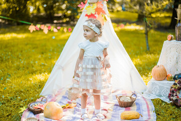 Little girl lying and playing in a tent, children's house wigwam in park Autumn portrait of cute curly girl. Harvest or Thanksgiving. autumn decor, party, picnic. Child in white dress with pumpkins.  © MartaKlos