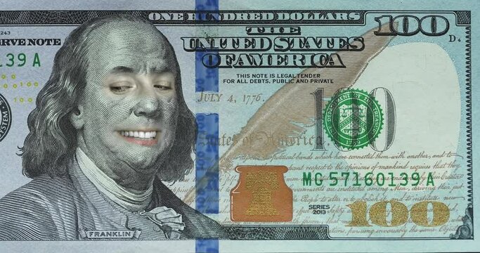 Benjamin Franklin expressing different emotions to camera on a hundred dollar bill. Animation of close-up of US one hundred dollar bill.