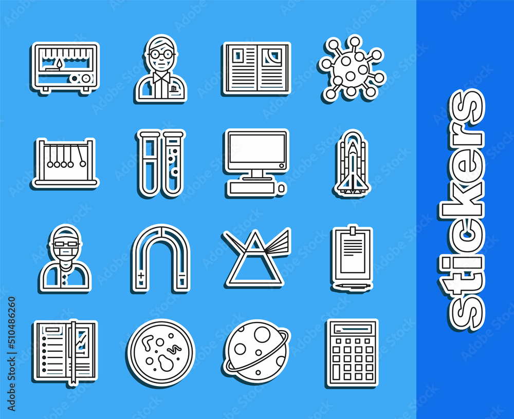 Canvas Prints Set line Calculator, Space shuttle and rockets, Open book, Test tube flask chemical laboratory, Pendulum, Electrical measuring instruments and Computer monitor keyboard mouse icon. Vector