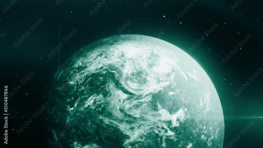 Poster abstract spherical space body rotating in front of stars. motion. turquoise planet spinning in outer