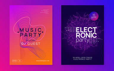 Dj event neon flyer. Techno trance party. Electro dance music. Electronic sound. Club fest poster.