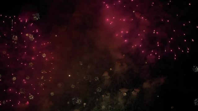 Slow motion: colorful fireworks in dark sky at night. Evening time, low light. Anniversary, pyrotechnic, celebration, entertainment and holiday concept
