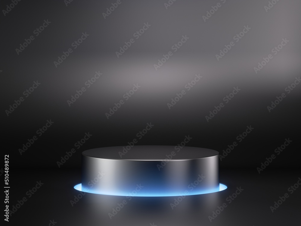 Aufkleber 3d render, abstract geometric background with empty metal cylinder podium illuminated with blue neon