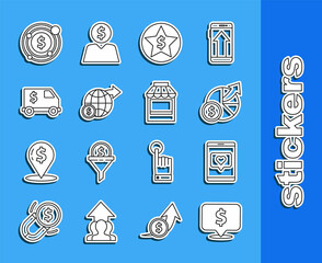Set line Speech bubble with dollar, Mobile phone and like heart, Money diagram graph, Star, Earth globe, Armored truck, Target symbol and Shopping building market store icon. Vector