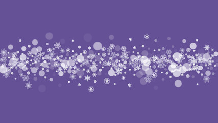 Snowflake border with ultra violet snow. New Year backdrop. Winter frame for gift coupons, vouchers, ads, party events. Christmas trendy background. Holiday banner with snowflake border