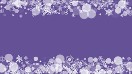 Xmas sales with ultra violet snowflakes. New Year backdrop. Snow border for flyer, gift card, party invite, retail offer and ad. Christmas trendy background. Holiday frosty banner for xmas sales