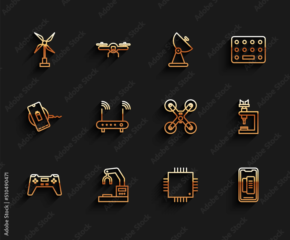 Poster set line gamepad, robotic robot arm hand factory, wind turbine, processor with microcircuits cpu, sm