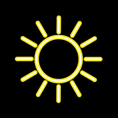 Yellow neon sun icon isolated on black background. Logo design concept for sun, energy, heat, light and shine. Vector illustration of modern thin line icon.