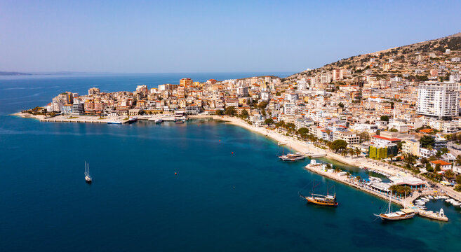 Picturesque aerial scenery of Saranda city at Albanian Ionian Sea coast