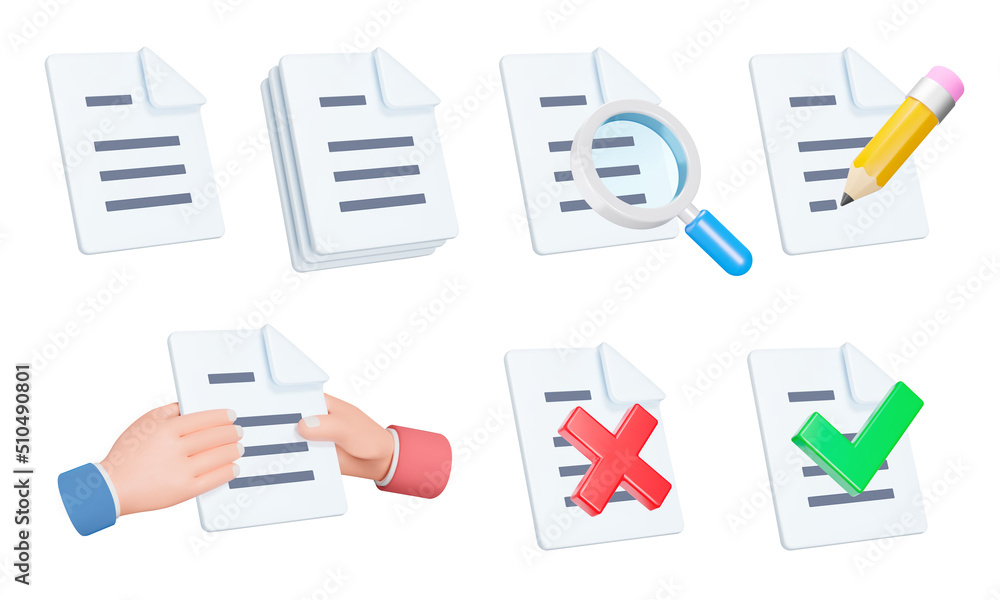 Poster document 3d icon set. working with documents. documentation. interaction with business paper and fil