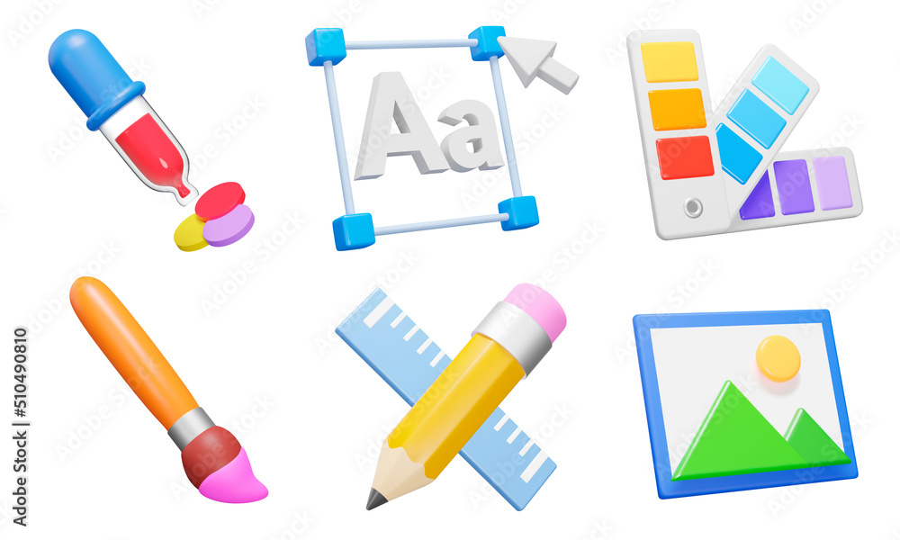 Fototapete graphic design 3d icon set. tools for art and graphics, creativity and creation, digital creativity.