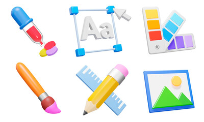 Graphic design 3d icon set. Tools for art and graphics, creativity and creation, digital creativity. web development. Isolated icons, objects on a transparent background