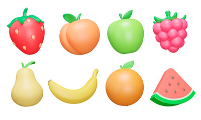 Fruits and berries 3d icon set. Strawberry, peach, apple, raspberry, pear, banana, orange, watermelon. Isolated icons, objects on a transparent background