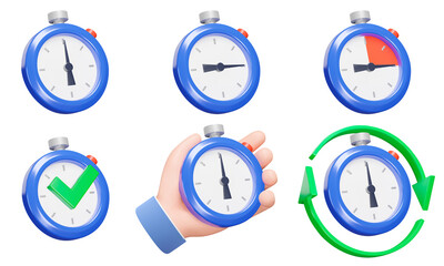 Stopwatch icon set. Stopwatches, various uses. timer, time management, timekeeping. Isolated 3d object on a transparent background - obrazy, fototapety, plakaty