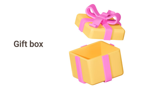 Open gift box. Yellow box with pink ribbon. Isolated 3d object on a transparent background