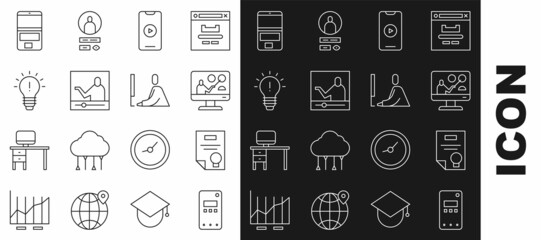 Set line Mobile phone, Certificate template, Online education, play video, Light bulb with concept of idea, Laptop and Student working laptop icon. Vector