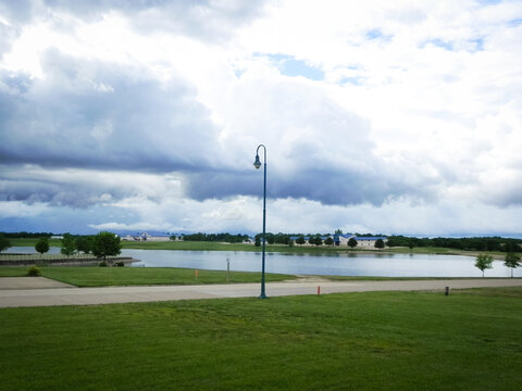 Cloudy skies over a lake