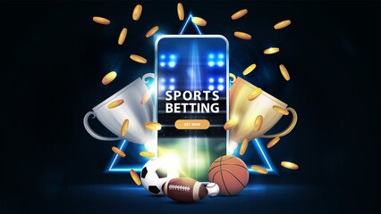 Sports betting, banner with smartphone, champion cups, falling gold coins, sport balls and neon hologram of triangle border on background