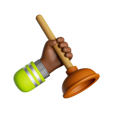 recommend clip art: 3d render, cartoon african human hand with dark skin holds plunger. Professional plumber, construction worker. Toilet cleaning service icon, clip art isolated on white background