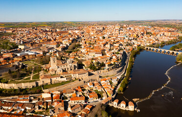 Aerial photo of Zamora with view of Duero River. Castile and Leon, province of Zamora.