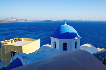 The blue dome of Greek orthodox church on Santorini island.