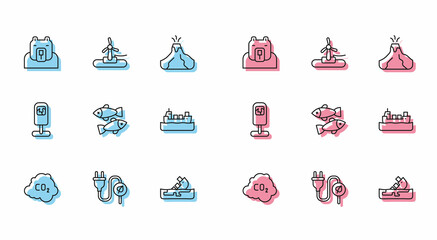 Set line CO2 emissions in cloud, Electric saving plug leaf, Polar bear head, Wrecked oil tanker ship, Dead fish, Oil, Trash can and Wind turbine icon. Vector