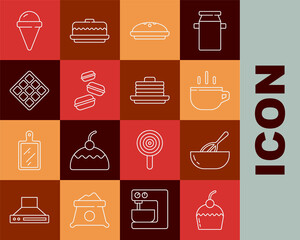 Fototapeta na wymiar Set line Cake, Kitchen whisk and bowl, Coffee cup, Homemade pie, Macaron cookie, Waffle, Ice cream in waffle cone and Stack pancakes icon. Vector
