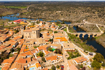 Scenic aerial cityscape of Ledesma town and Tormes river at spring, Salamanca region, western Spain - obrazy, fototapety, plakaty