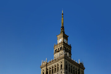 Top of Palace of Culture and Science in Warsaw, Poland, Clock tower.
