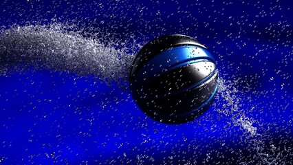 Obraz na płótnie Canvas Black-Blue Basketball with Diamond Water Particles under Red-Blue Lighting Background. 3D illustration. 3D high quality rendering. 3D CG.