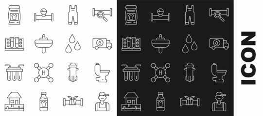 Set line Plumber, Toilet bowl, service car, Work overalls, Washbasin, Test tube with water drop, Laundry detergent and Water icon. Vector