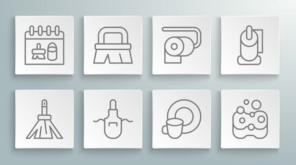 Set line Handle broom, Brush for cleaning, Kitchen apron, Washing dishes, Sponge, Toilet paper roll, and Cleaning calendar icon. Vector