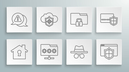 Set line House under protection, Cloud and shield, Folder with password, Incognito mode, Browser, lock, Credit card and Exclamation mark in triangle icon. Vector