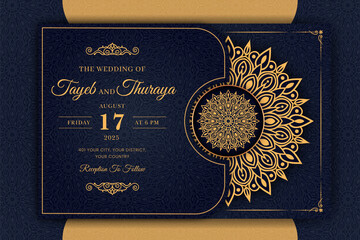 Luxury Mandala Wedding Invitation Card template with golden arabesque pattern Arabic Islamic east background style. Editable vector file. Decorative mandala for print, poster, cover, flyer, banner.
