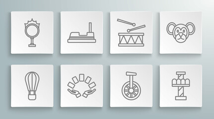 Set line Hot air balloon, Bumper car, Hand holding playing cards, Unicycle or one wheel bicycle, Attraction carousel, Drum with drum sticks, Monkey and Circus fire hoop icon. Vector © Oksana