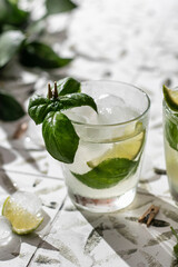 Margarita cocktail with lime and basil close up on printed tile
